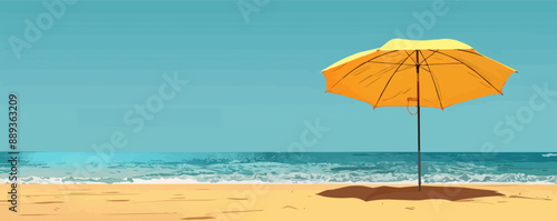 Beach umbrella casting shade on golden sands. Vector flat minimalistic isolated illustration.
