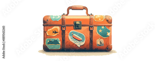 Vintage suitcase with travel stickers. Vector flat minimalistic isolated illustration.