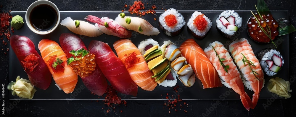 A beautifully arranged sushi platter featuring nigiri, rolls, and sashimi, garnished with wasabi, ginger, and soy sauce on a black slate surface. A beautifully arranged sushi platter featuring nigiri, rolls, and sashimi, garnished with wasabi, ginger, and soy sauce on a black slate surface.