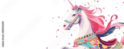 Whimsical carousel horse adorned with ribbons and jewels. Vector flat minimalistic