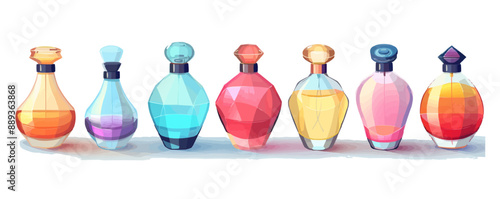 Elegant perfume bottles on a plain white backdrop. Vector flat isolated illustration.