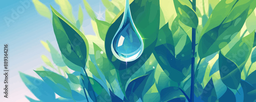 Shimmering water droplet on a leaf, Vector flat minimalistic isolated illustration