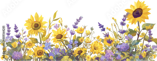 Rustic flower border with sunflowers and lavender. Vector flat minimalistic isolated illustration.