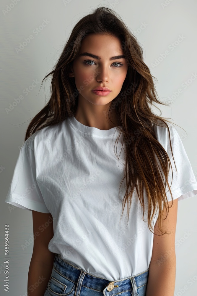 White tshirt mockup on woman model created with Generative AI White tshirt mockup on woman model created with Generative AI