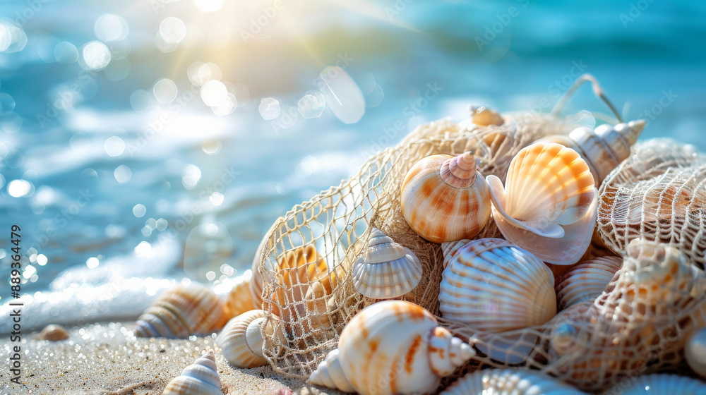A pile of seashells in a net bag, with vibrant blue ocean waves in the background and bright sunlight highlighting their natural beauty. A pile of seashells in a net bag, with vibrant blue ocean waves in the background and bright sunlight highlighting their natural beauty.