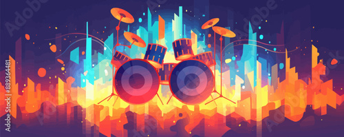 Produce a conceptual illustration of sound waves emanating from drum impacts, symbolizing the auditory impact and resonance of drumming in music. Vector flat minimalistic isolated illustration.