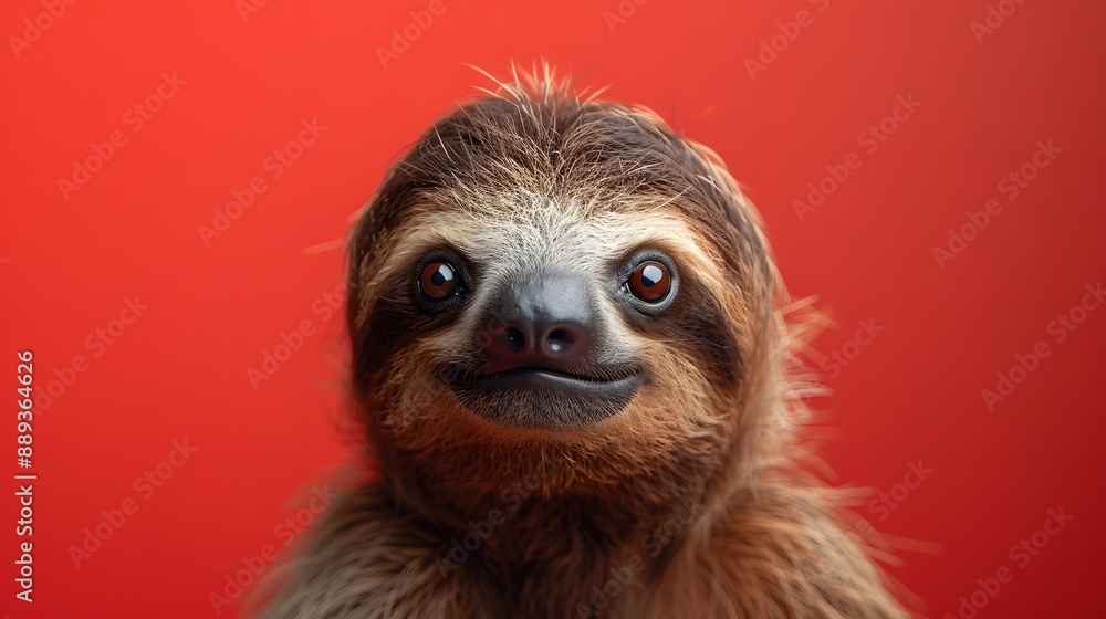 Fototapeta premium Sloth portrait, vibrant background, close-up, front view, curious expression, big round eyes, furry face, brown fur, adorable animal, wildlife photography, studio lighting.