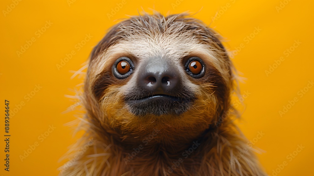 Sloth portrait, vibrant background, close-up, front view, curious expression, big round eyes, furry face, brown fur, adorable animal, wildlife photography, studio lighting. Sloth portrait, vibrant background, close-up, front view, curious expression, big round eyes, furry face, brown fur, adorable animal, wildlife photography, studio lighting.