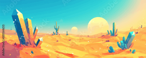 Surreal desert with floating crystals and surreal plants. Vector flat minimalistic isolated illustration.
