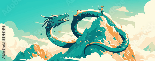 Serpentine dragon coiled around a mountain peak, Vector flat minimalistic isolated illustration