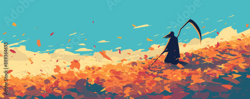 Produce a minimalist illustration of a scythe lying abandoned on the ground, surrounded by fallen leaves, symbolizing the end of life's cycle. Vector flat minimalistic isolated illustration.