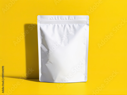 White Stand Up Pouch Mockup on Yellow Background.