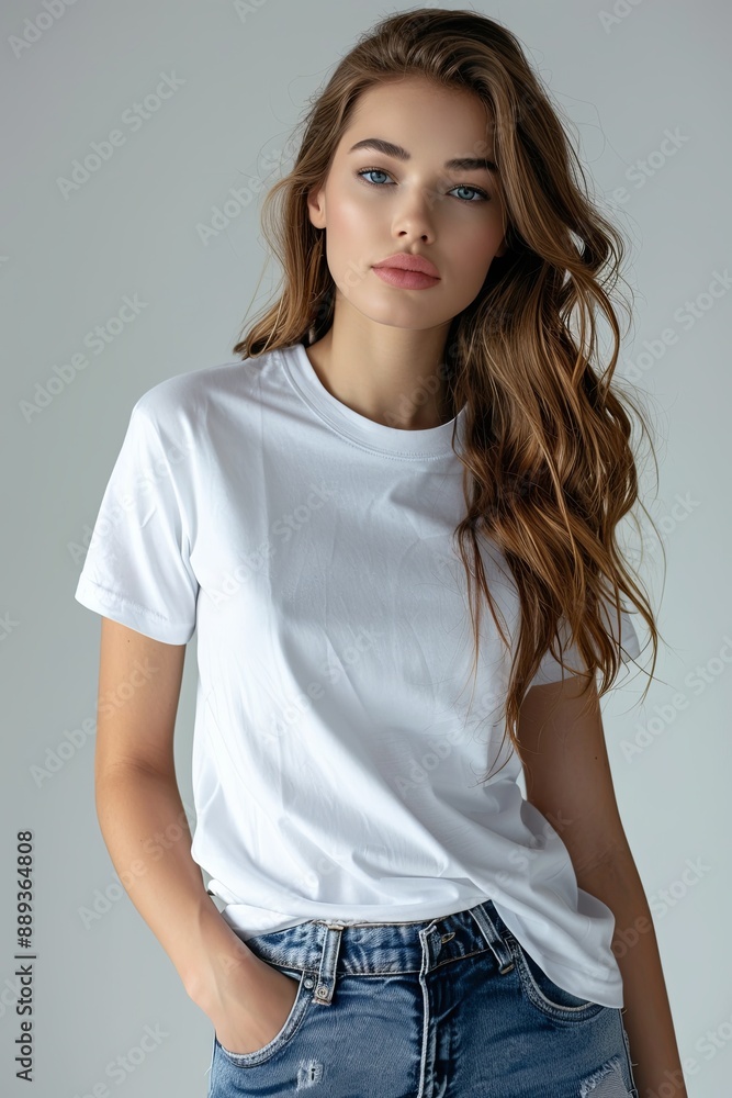 White tshirt mockup on woman model created with Generative AI White tshirt mockup on woman model created with Generative AI