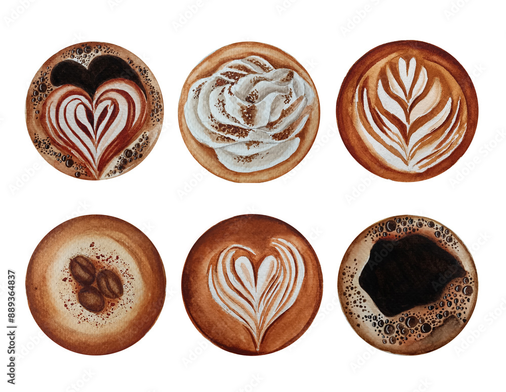 Top view of hot coffee cappuccino spiral heart foam. Watercolor latte coffee art set. Hot coffee drinks illustration. Top view of hot coffee cappuccino spiral heart foam. Watercolor latte coffee art set. Hot coffee drinks illustration.