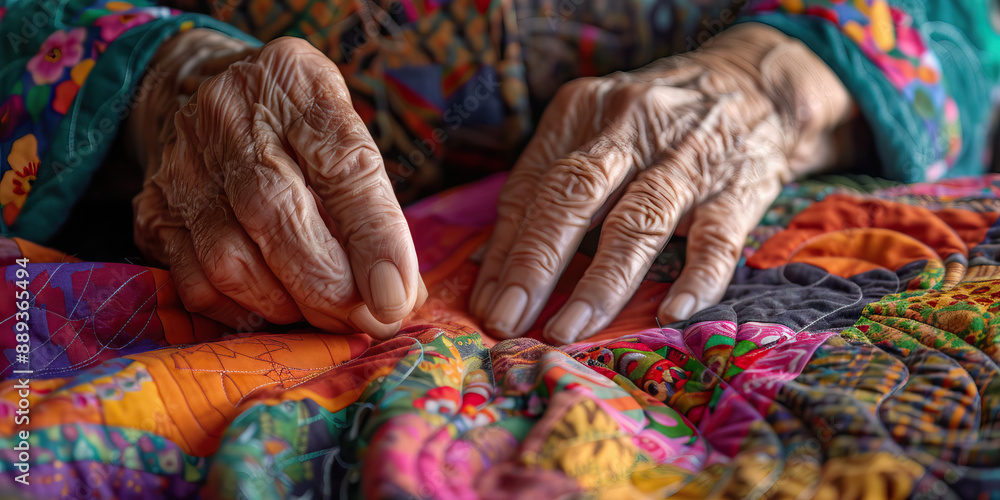 A seamstress’s hands creating a beautiful quilt, piecing together fabric with precision A seamstress’s hands creating a beautiful quilt, piecing together fabric with precision