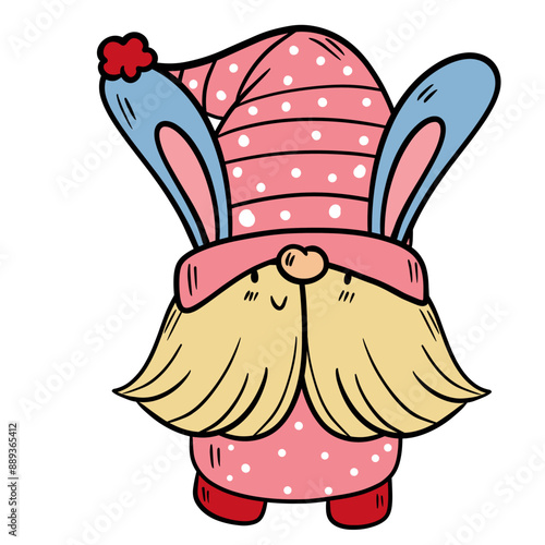 Vector Cartoon Gnome in Pink Polka Dot Outfit Smiling Happily on Easter.