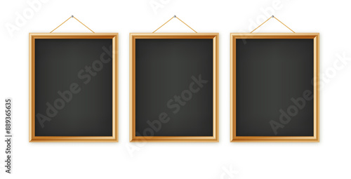 Signboards in a wooden frame hanging . Restaurant menu board. School vector chalkboard, writing surface for text or drawing. Blank advertising or presentation boards. Vector.