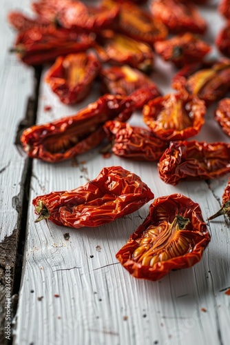 A close-up shot of a bunch of dried tomatoes arranged on a wooden table