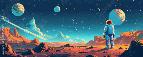 A man in a spacesuit stands on a barren planet. The sky is filled with stars and planets, and the man is the only living being in the scene. Concept of loneliness and isolation
