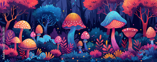 A colorful painting of a forest with many mushrooms. The mushrooms are of different colors and sizes, and they are scattered throughout the painting. The mood of the painting is whimsical and playful