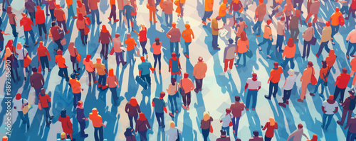 A crowd of people are walking down a street. The people are of different ages and sizes, and they are all walking in different directions. The scene is lively and bustling