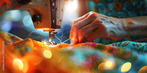 A seamstress’s hands guiding fabric through a sewing machine, crafting a custom garment photo