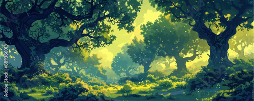 A forest scene with trees and grass. The trees are tall and green, and the grass is lush and green. The sunlight is shining through the trees, creating a warm and inviting atmosphere