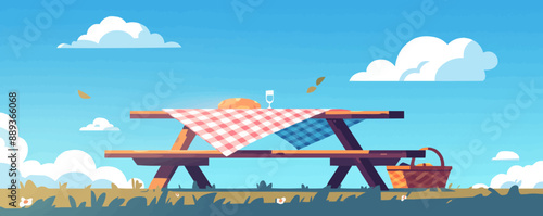 Outdoor picnic table with a checkered tablecloth and picnic basket, Vector flat minimalistic isolated illustration