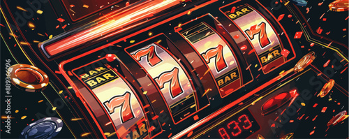 A slot machine with a bar and a red 7. The machine is surrounded by a lot of red and gold coins