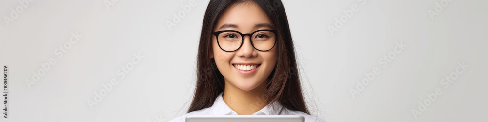 A woman wearing glasses is smiling and holding a tablet. Concept of happiness and positivity, as the woman is enjoying her time with the tablet A woman wearing glasses is smiling and holding a tablet. Concept of happiness and positivity, as the woman is enjoying her time with the tablet