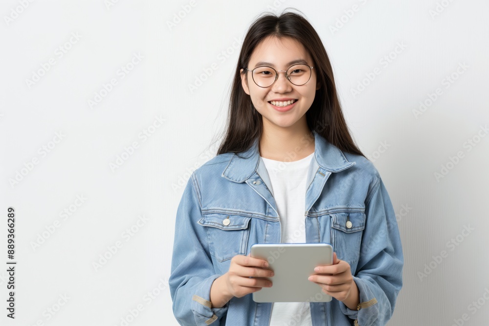 A young woman wearing a blue jacket and glasses is holding a tablet. She is smiling and she is happy A young woman wearing a blue jacket and glasses is holding a tablet. She is smiling and she is happy
