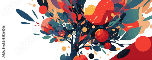 Abstract representation of an apple tree using geometric shapes and vibrant colors, blending artistic flair with natural elements. , Vector flat minimalistic isolated illustration