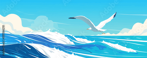 Seagull flying over gentle ocean waves, Vector flat minimalistic isolated illustration