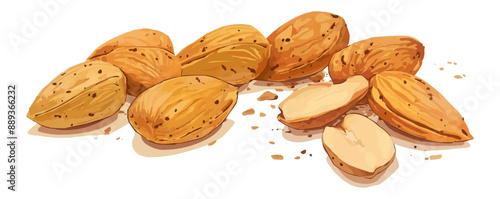 Realistic illustration of almonds with their shells intact, showcasing texture and detail. , Vector flat minimalistic isolated illustration