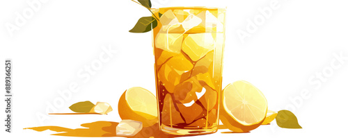 Tall glass of iced tea with lemon wedge, Vector flat minimalistic isolated illustration