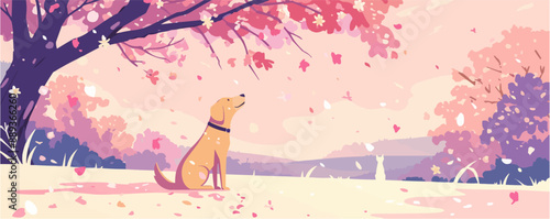 Produce a serene illustration of a dog sitting calmly under a blooming cherry blossom tree in a peaceful garden setting. Vector flat minimalistic isolated illustration.