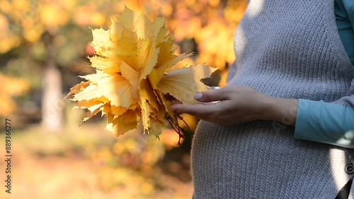 Pregnant woman holding her tummy outdoors, close up. Future mother walking in autumn park. Concept of pregnancy, maternity, expectation for baby birth.
