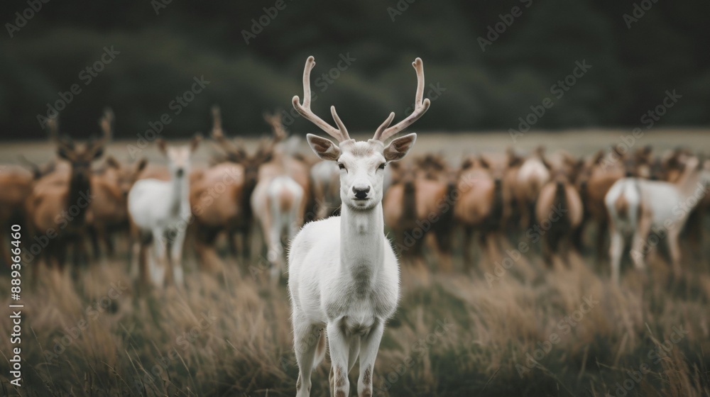 Graceful White Deer Stands Out in Herd, Symbolizing Dominance and Uniqueness in Lush Meadow Graceful White Deer Stands Out in Herd, Symbolizing Dominance and Uniqueness in Lush Meadow
