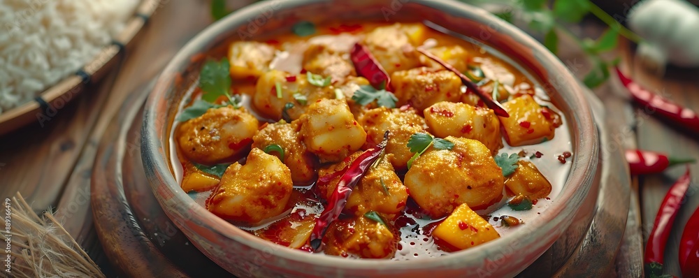 Spicy Potato Curry in a Clay Pot - A Delicious and Aromatic Indian Dish Photo Spicy Potato Curry in a Clay Pot - A Delicious and Aromatic Indian Dish Photo