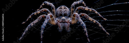 A spider is shown in a close up on a black background. The spider is brown and has a hairy appearance photo