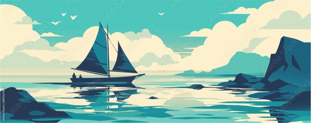 Naklejka premium Sailboat with billowing sails on a calm sea, Vector flat minimalistic isolated illustration