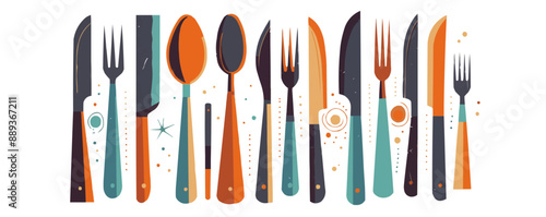 Simplistic cutlery set icons including spoon, knife, and fork, with a refined and modern aesthetic, vector flat minimalistic isolated illustration