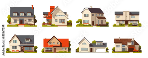 Set of house icons: different styles of homes and real estate objects, vector flat minimalistic isolated illustration