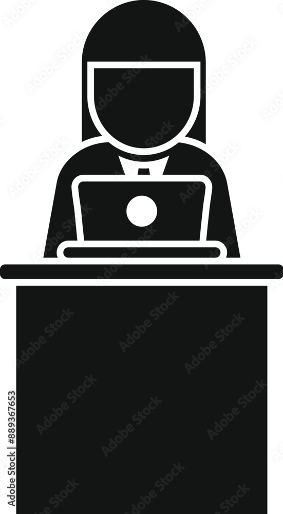Businesswoman is sitting at a desk working on a laptop, symbolizing office work and productivity Businesswoman is sitting at a desk working on a laptop, symbolizing office work and productivity