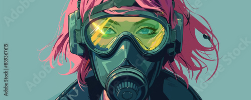 yberpunk girl with pink hair in futuristic gas mask with protective green glasses. vector simple illustration