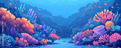 Underwater kingdom with amazing sea creatures and vibrant coral reefs. Digital art style vector flat minimalistic isolated illustration.