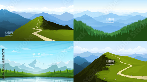 Set of mountain landscape backgrounds. A path leading to the top of the cliff. A panoramic view of the mountains. Green valley near the river. Clear sky. Vector image. The concept of tourism, travel.	