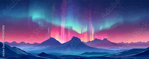 A breathtaking view of the aurora borealis dancing across a starry night sky above snowy mountains. Vector flat minimalistic isolated illustration.
