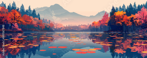 Forest lake reflecting autumn colors and floating lilies on the water surface. Digital art style vector flat minimalistic isolated illustration.