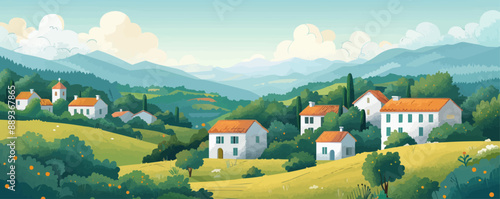 An idyllic countryside scene with rolling hills and a quaint village nestled in the valley. Vector flat minimalistic isolated